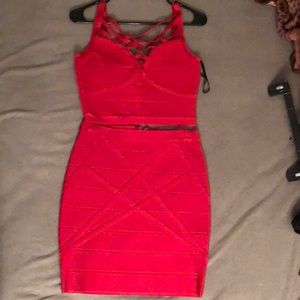 RED BEBE BANDAGE SKIRT AND TOP